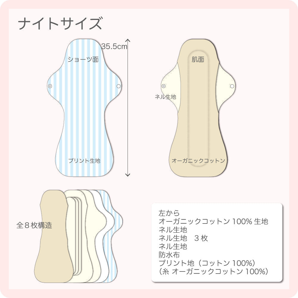 一体型布ナプキン ナイトサイズ 【サニーガーデン】 水色 特に多い日用